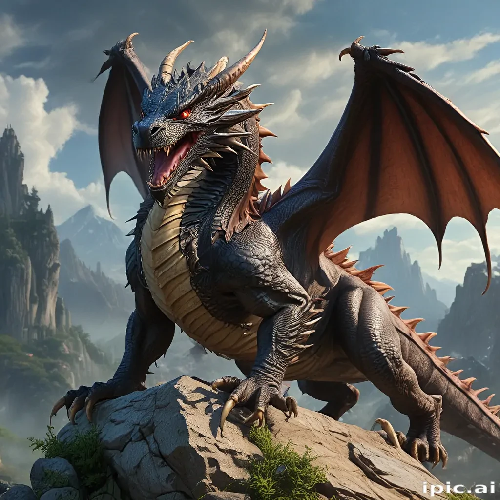 Majestic Dragon Perched on Rocky Summit Against a Dramatic Landscape