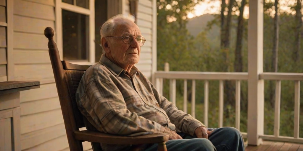 Warmly lit photo of an elderly man sitting on a porch in a rocking chair, his face illuminated by soft evening light, with a rural landscape stretching out behind him and a sense of peaceful solitude.