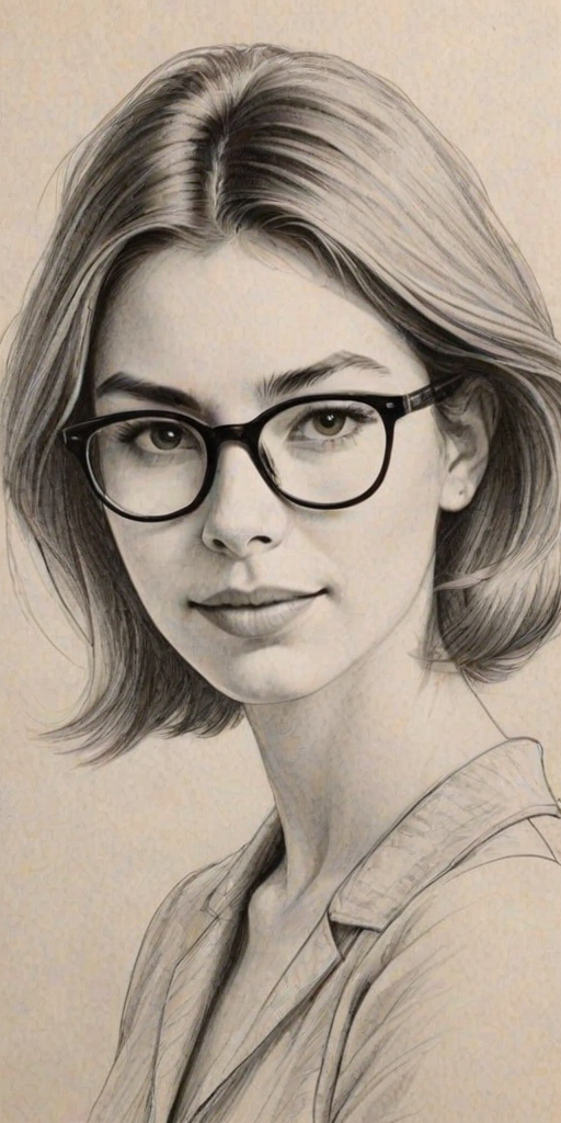 Bewitching Sofia Coppola, pencil sketch, portrait of Elegant woman 1961s in glasses, hair style beatnik, outline, clear lines, fine lines, 8k