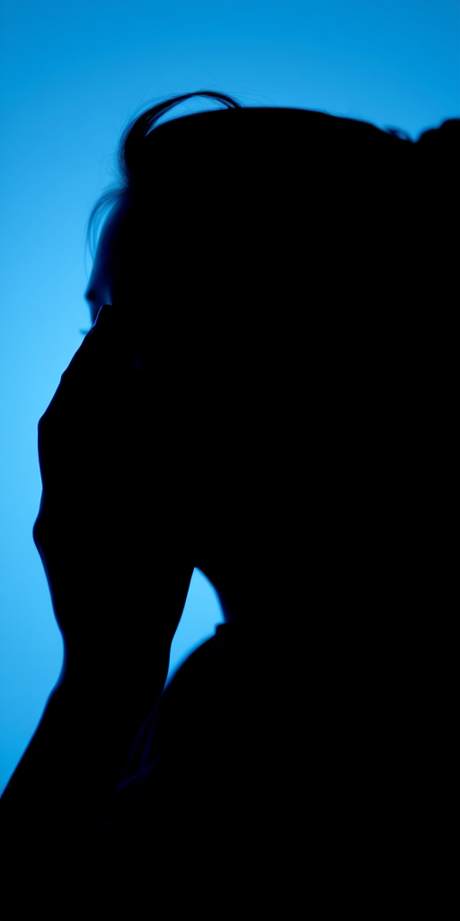 Generate an abstract silhouette of a person with a hand touching their face, using bold blue and black contrasts, captured with a 50mm lens at f/1.8, ISO 100, in a studio setting with soft lighting and a shallow depth of field.