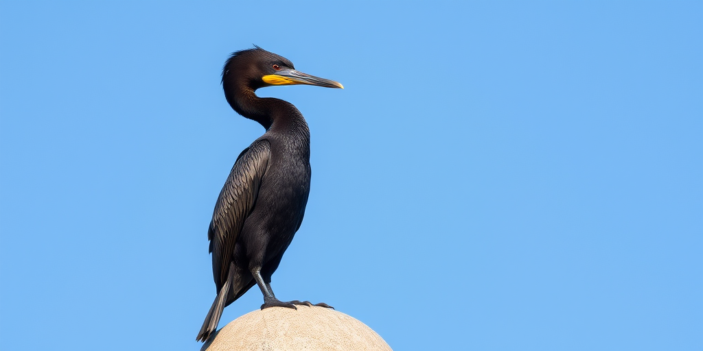 capture a cormorant perched on a stone ball against a clear blue sky with a DSLR camera, 50mm lens, aperture f/8, ISO 100, shutter speed 1/500s, natural light, sharp focus on the bird while blurring the background