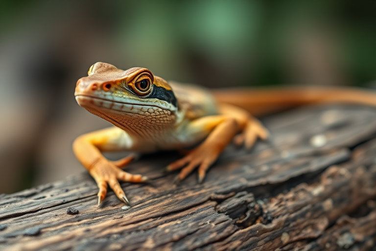 Close-up of a lizard resting on a log, 50mm lens, f/2.8 aperture, ISO 200, natural light, macro style, DSLR camera, shallow depth of field for enhanced detail.