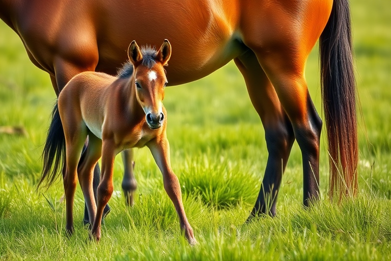 Create a high-resolution digital illustration of a brown horse with a foal standing in vibrant green grass, using a 50mm lens, f/4 aperture, 1/200 shutter speed, with a soft focus background to enhance depth, captured from a low angle for a perspective that emphasizes the subjects.