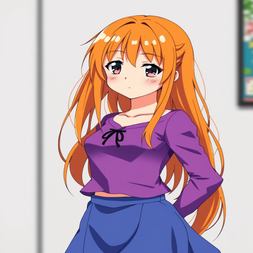 anime character with vibrant orange hair wearing a purple top and blue skirt, standing confidently, high-resolution, 50mm lens, f/2.8 aperture, natural lighting, portrait orientation, digital medium format camera