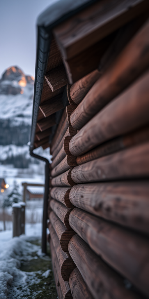regenerate an image of a rustic wooden cabin corner with a snow-covered mountain backdrop during twilight, captured with a Canon EOS R5 using a 50mm lens, aperture f/2.8, ISO 100, and a low angle view to enhance depth and focus on the cabin texture