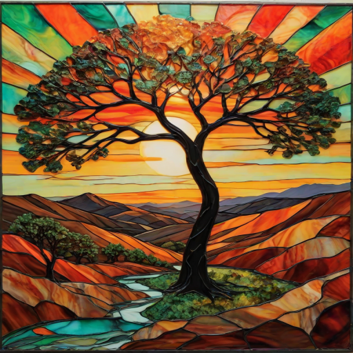 A vibrant abstract painting on Tiffany Glass, blending acrylic and alcohol ink techniques, captures a dramatic sunset over rolling hills. The artwork features a textured, rocky foreground in green and brown, layered abstract hills, and a striking sunset in rich oranges, yellows, and reds. A solitary black tree with intricate branches contrasts against the fiery sky, creating a dynamic and expressive portrayal of a breathtaking natural scene.