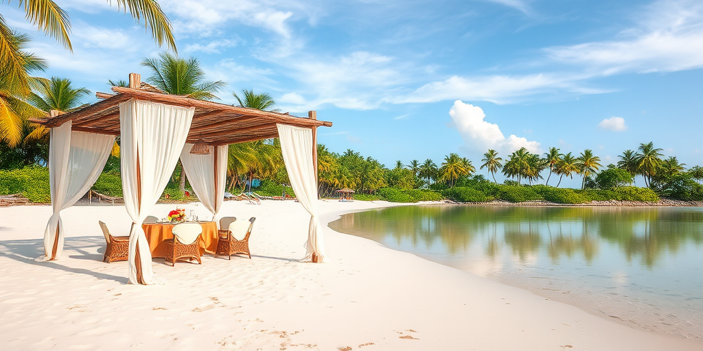 Create a picturesque tropical beach scene featuring a serene, white sandy shore. In the foreground, there's a rustic wooden canopy with white drapes gently flowing in the breeze. Underneath the canopy, a table is set with tropical decor, evoking a sense of relaxation and leisure. The beach extends into a calm, shallow water area with reflections of the sky and surroundings. Palm trees and lush greenery line the edge of the beach, providing a natural, tropical backdrop. The sky is clear with a few scattered clouds, and the overall atmosphere is tranquil and inviting, perfect for a peaceful retreat.