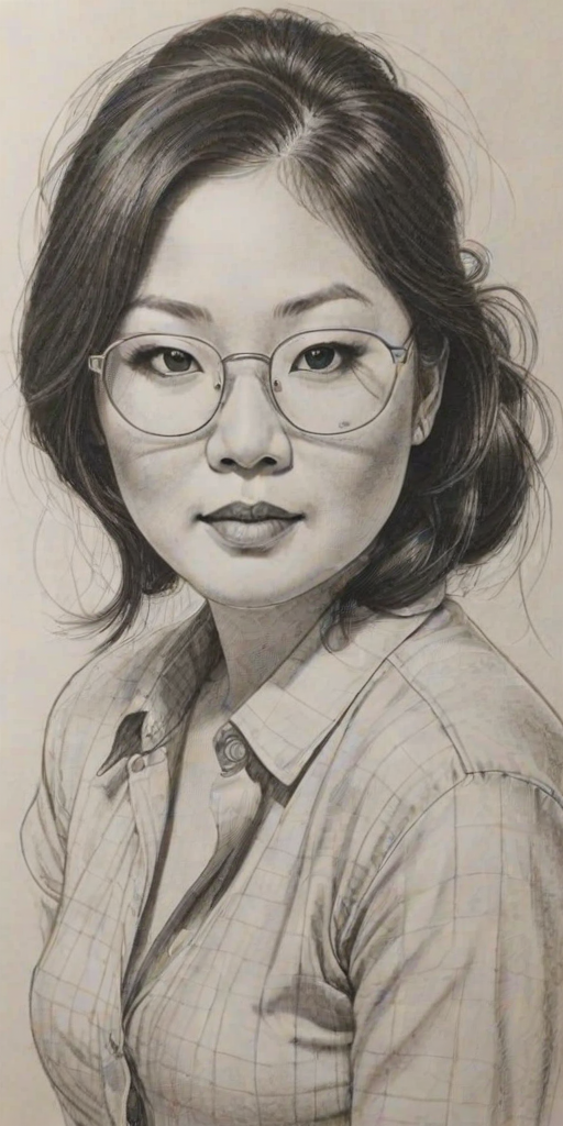 Fascinating Margaret Cho, pencil sketch, portrait of Comely woman 1968s in glasses, hair style beatnik, outline, clear lines, fine lines, 8k