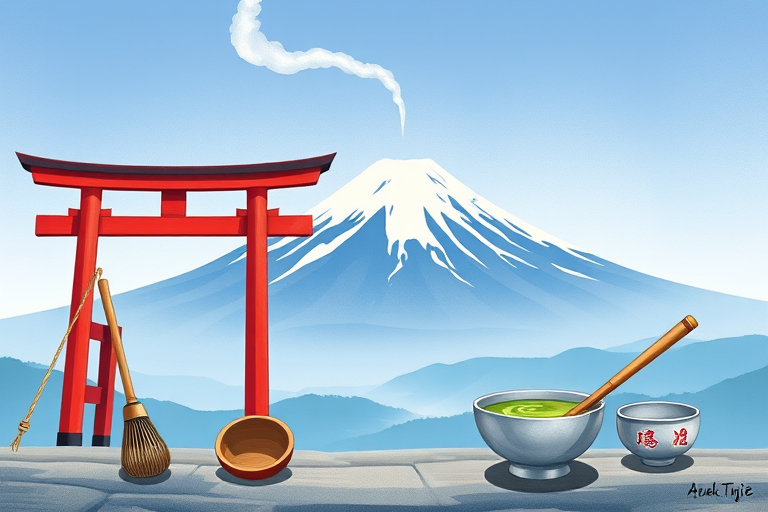 Create a serene landscape illustration featuring Mount Fuji in the background with a gentle plume of smoke, a traditional torii gate, a bamboo ladle, a chasen whisk, and a matcha bowl in the foreground, using a high-resolution digital art style, with a wide-angle view and soft pastel color palette, resembling a watercolor effect, captured with a digital tablet and stylus at a DPI of 300.