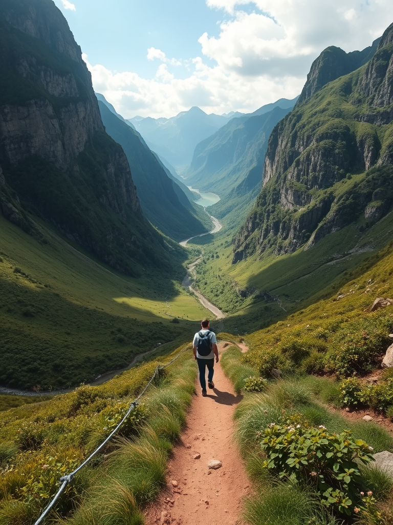 a person walking along a narrow trail in a lush green valley surrounded by steep mountains and a river in the distance, taken with a Canon EOS R5, 24mm lens, f/8 aperture, 1/125 sec shutter speed, ISO 200, natural light, capturing a panoramic view to enhance depth and detail