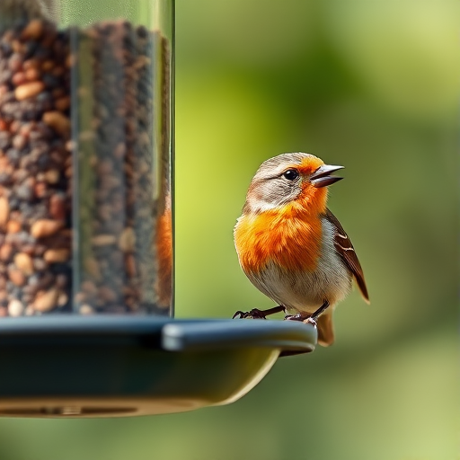 Capture a close-up shot of a bird at a feeder, with a 200mm lens, aperture f/4, ISO 200, natural light, shallow depth of field, DSLR camera, vibrant colors and sharp details.