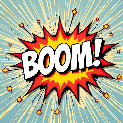 create a vibrant comic-style explosion with the word BOOM! in bold, using a 50mm lens, f/8 aperture, ISO 100, top-down view, digital format, high resolution, bright colors, and sharp edges for clarity