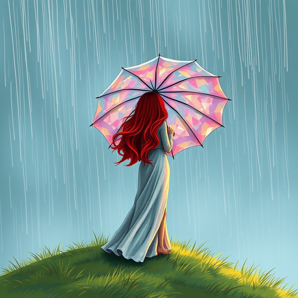 A surreal hand-drawn digital artwork depicting a mysterious red-haired woman standing on a grassy hill under the rain. She holds an umbrella crafted from iridescent zircon, its vibrant sheen contrasting with the soft, rainy atmosphere. The scene feels dreamlike, blending the natural elements of the hill and rain with the otherworldly shimmer of the umbrella.