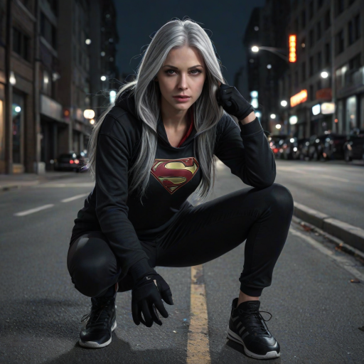 (long straight gray hair:1.2), (bright gray eyes:1.2), (Supergirl:1.2), (black hoodie:1.2), (hood up:1.2), (black half fingers gloves:1.2), (black tight pants:1.2), (black sneakers:1.2), 8k, professional photography, mesmerizing photo, intricate details, hyper realistic, (close shot:1.2), (city at night:1.5), (empty street:1.5), bleak tone, grim tone