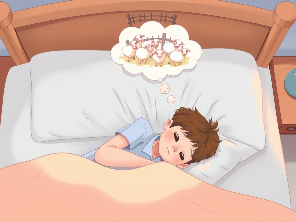 Create an illustration of a person sleeping peacefully in bed with a thought bubble filled with sheep and a fence above their head, use a soft pastel color palette, focus on a warm ambient lighting, camera settings: f/2.8 aperture, 50mm lens, ISO 200, top-down view, digital illustration style, high resolution.