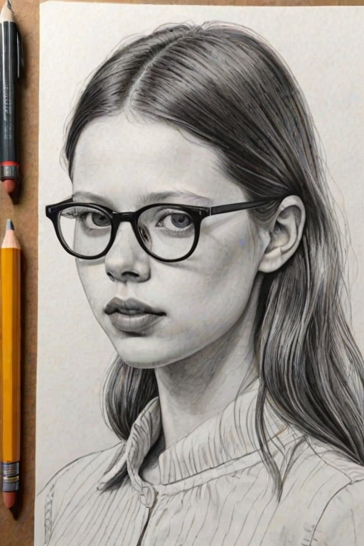 Magnificent Mia Goth, pencil sketch, portrait of Attractive woman 1978s in glasses, hair style beatnik, outline, clear lines, fine lines, 8k