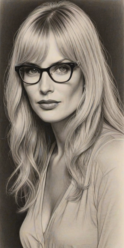 Exquisite Daryl Hannah, pencil sketch, portrait of Elegant woman 1929s in glasses, hair style beatnik, outline, clear lines, fine lines, 8k