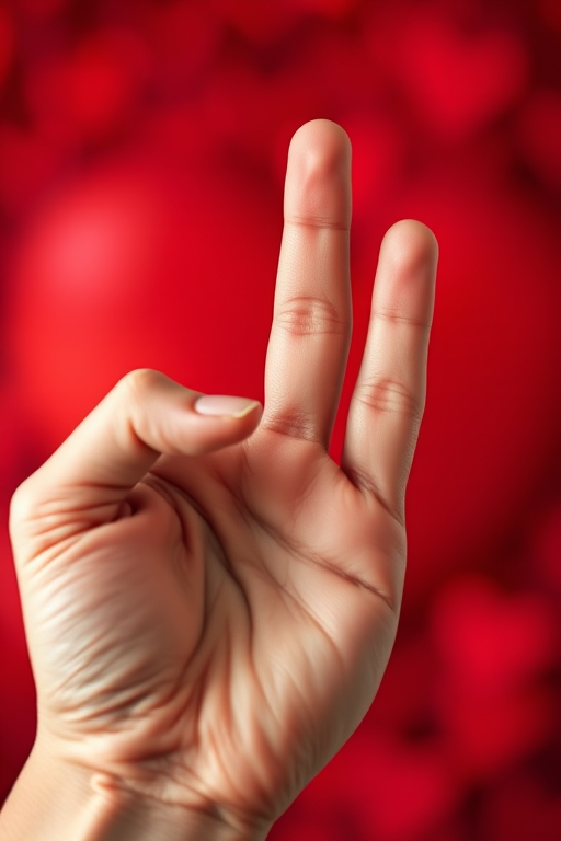 Create an image of a hand forming the letter "L" in front of a blurred red heart background, using a DSLR camera with a 50mm lens, aperture set to f/1.8, ISO 100, and a soft focus effect.
