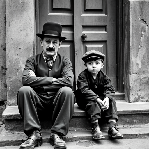 A black-and-white photograph of a man and a child sitting on steps in front of a doorway. The man is dressed as a tramp with a bowler hat, mustache, and ragged clothes, reminiscent of Charlie Chaplin's iconic look. He is sitting with his arms crossed and an expression of slight sadness or frustration. Next to him is a young boy, also in worn clothes and a cap, sitting with his hands clasped, looking thoughtful. The background is an old, textured wall and a partially open door, creating a vintage, early 20th-century atmosphere.