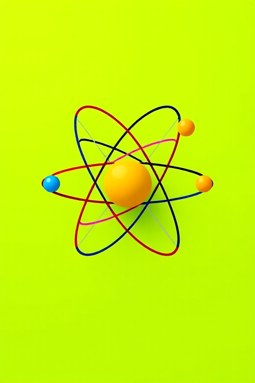 minimalist vector illustration of an atom with a yellow nucleus and three colored electrons on a vibrant green background, 50mm lens, f/2.8 aperture, 1/100 sec shutter speed, overhead view, digital illustration, high resolution
