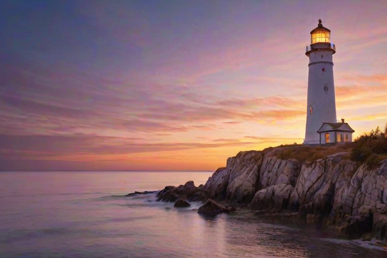 Generate an image of a tall lighthouse perched on a rocky outcrop surrounded by calm ocean waters during a breathtaking sunset. The lighthouse stands sturdy and weathered, its stone surface illuminated by the warm golden light of the setting sun. The sun's rays pass directly through the glass lantern room at the top of the lighthouse, casting a brilliant light across the scene. The sky is painted with vibrant shades of orange, pink, and purple, reflecting off the tranquil sea. The surrounding water shimmers with the same warm hues, creating a serene and majestic atmosphere.