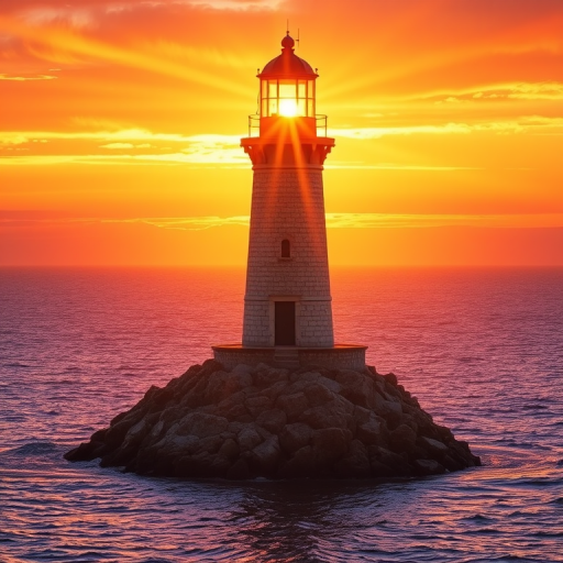 Generate an image of a tall lighthouse perched on a rocky outcrop surrounded by calm ocean waters during a breathtaking sunset. The lighthouse stands sturdy and weathered, its stone surface illuminated by the warm golden light of the setting sun. The sun's rays pass directly through the glass lantern room at the top of the lighthouse, casting a brilliant light across the scene. The sky is painted with vibrant shades of orange, pink, and purple, reflecting off the tranquil sea. The surrounding water shimmers with the same warm hues, creating a serene and majestic atmosphere.