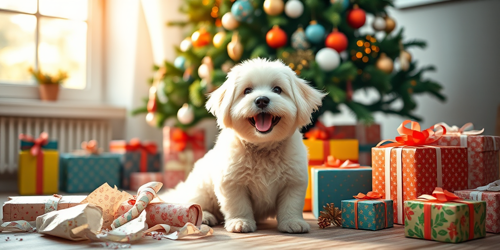 A cheerful white fluffy dog sitting amidst torn gift wrapping and colorful presents under a decorated Christmas tree, warm sunlight streaming through a window, soft focus, natural lighting, DSLR camera, 50mm lens, aperture f/1.8, ISO 200, shallow depth of field.