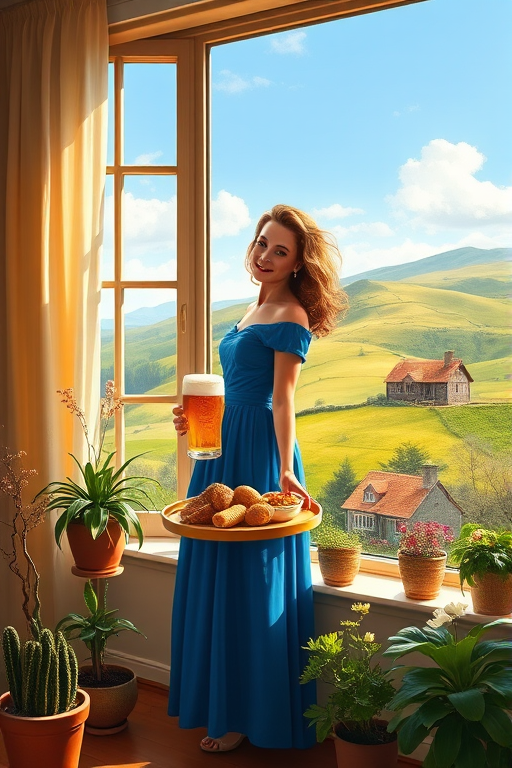 In "A Glass of Beer on the Highland," a serene scene is depicted in a sunlit room where a woman in a vibrant blue dress stands by a large window. She holds a tray with a hearty meal and a frothy glass of beer, embodying a moment of relaxation. Outside, the breathtaking highland landscape features rolling green hills and a charming traditional house, all bathed in warm afternoon light. The interior is adorned with potted plants, creating a harmonious blend of comfort and nature. The painting beautifully captures the tranquility and joy found in simple pleasures amidst stunning scenery