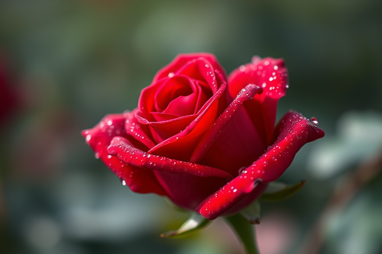 Close-up shot of a vibrant red rose with dewdrops, f/1.8, 85mm lens, ISO 100, natural light, shallow depth of field, DSLR camera.