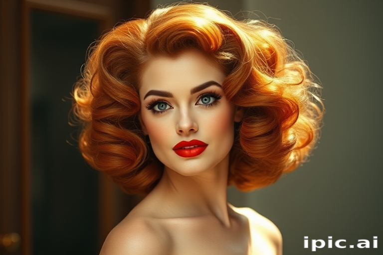 Dazzling copper-haired siren flaunting voluminous curls in a retro-inspired bouffant, channeling 1960s glamour and sophistication