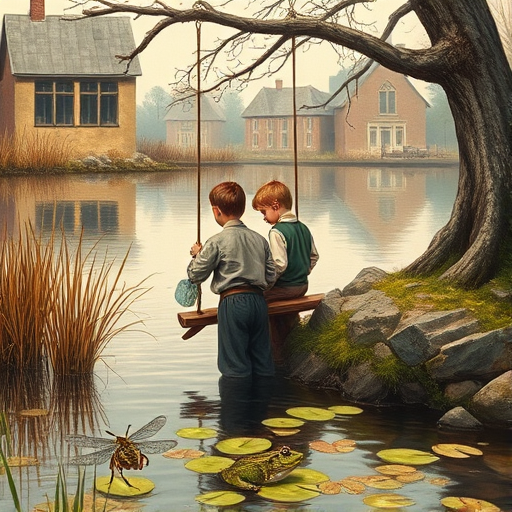 Imagine a small group of old fashioned young boys out fishing by the creek, a swing hanging from a tree branch, reeds and grasses by the water's edge, a frog sitting on a lily pad, dragonflies hovering over som water plans, a very iconic old fashioned scene reminiscent of a Norman Rockwell painting style