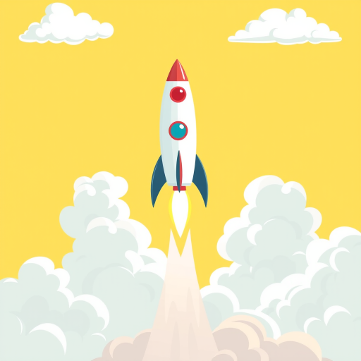 Create a high-resolution illustration of a cartoon rocket launching into a bright yellow sky with fluffy white clouds in a minimalist style, using a digital camera with a 35mm lens, f/8 aperture, and 1/200 shutter speed for sharp details and vibrant colors.