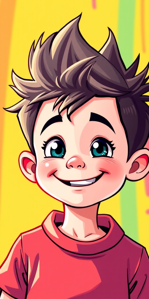 Create a cartoon-style illustration of a cheerful boy with spiky hair, featuring vibrant colors and a playful expression, captured with a DSLR camera at f/2.8, ISO 200, 50mm lens, with a bright and colorful background.
