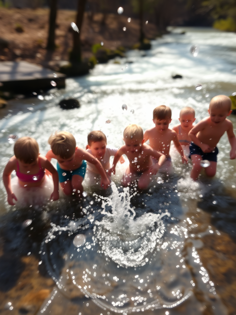 Blurry action shot of a group of kids splashing in a shallow creek, water droplets suspended in mid-air, sunlight reflecting off the water, the distant sound of laughter and rushing water, soft shadows cast by trees on the banks.
