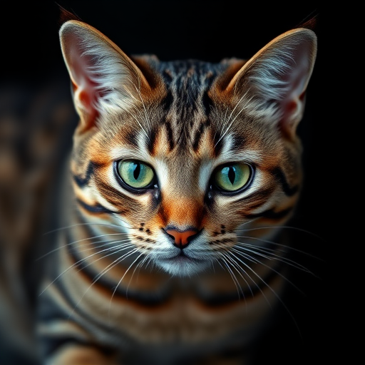 Create a high-resolution digital illustration of a cat with intricate fur patterns and bright green eyes, using a Canon EOS R5 camera at f/1.8, ISO 100, 50mm lens, top-down view, in a soft focus style enhanced by bright lighting and a dark background for contrast.