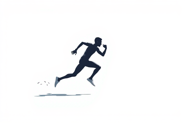 Create a dynamic illustration of a running figure in a minimalist style with a white background, using a DSLR camera with a 50mm lens, f/2.8 aperture, 1/500 sec shutter speed, and natural lighting to enhance clarity and depth.