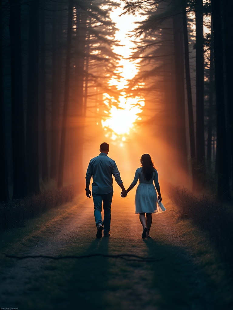 Create an evocative scene of a couple walking hand in hand down a misty forest path at sunset with golden light filtering through tall trees, shot with a DSLR camera, aperture f/2.8, shutter speed 1/250s, ISO 100, in a soft focus style, capturing the serene atmosphere of love in nature.