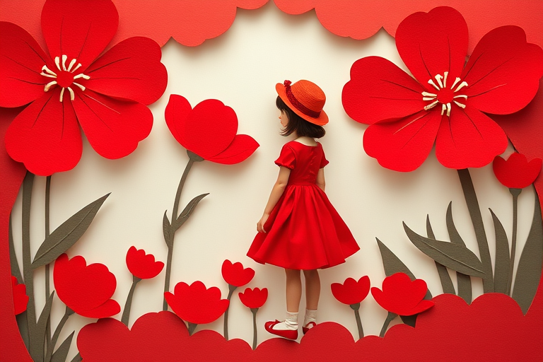 Create a whimsical paper-cut art scene featuring a girl in a red dress and hat standing amidst oversized red flowers, shot with a Canon EOS R, 50mm lens, f/1.8 aperture, ISO 100, natural soft lighting, high-resolution, shallow depth of field.
