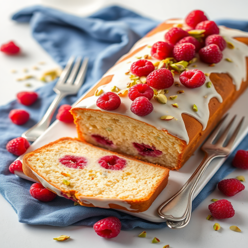 Create an image of a beautiful dessert loaf cake topped with fresh raspberries and chopped pistachios. The cake should be partially sliced to reveal a creamy filling with raspberries inside. Arrange the dessert on a white surface with a blue cloth in the background and some scattered raspberries and pistachios around it. Include two silver forks beside the cake for a touch of elegance.