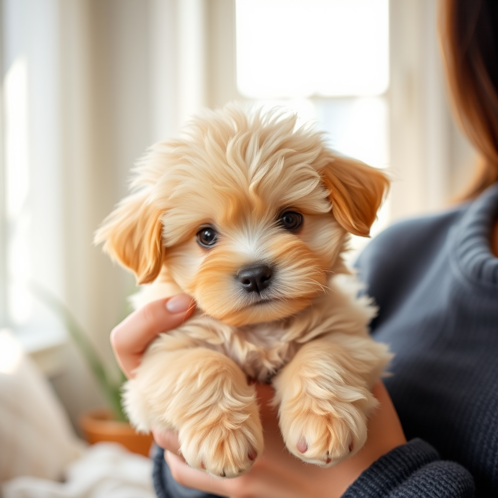 Generate an image of a fluffy light brown puppy being held by a person with a cozy indoor background featuring sunlight and soft textures the puppy has a cute expression with big eyes and a small nose