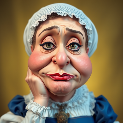 The image is a caricature of a woman with exaggerated features. She is wearing a white bonnet with lace trim and a white blouse with a blue bodice. She is leaning her chin on her hand with a bored or tired expression. Her lips are full and pouty, her cheeks are round and puffy, and her eyes are wide and slightly crossed. Her nose is long and thin, and her brows are furrowed. She is wearing a necklace with a large, ornate pendant. The background is a soft, blurry yellow. The overall effect is humorous and slightly grotesque.