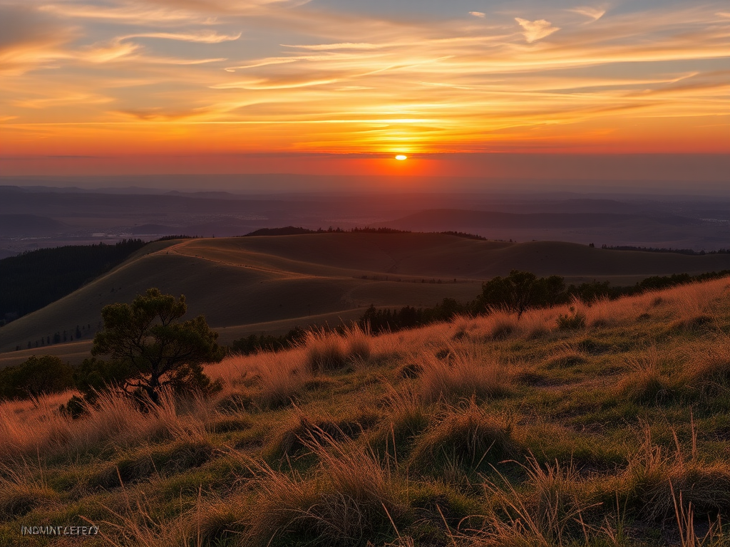 Generate a high-resolution image of a serene landscape at sunset, ISO 100, f/11 aperture, 1/250s shutter speed, wide-angle view, taken with a DSLR camera to enhance details and colors.