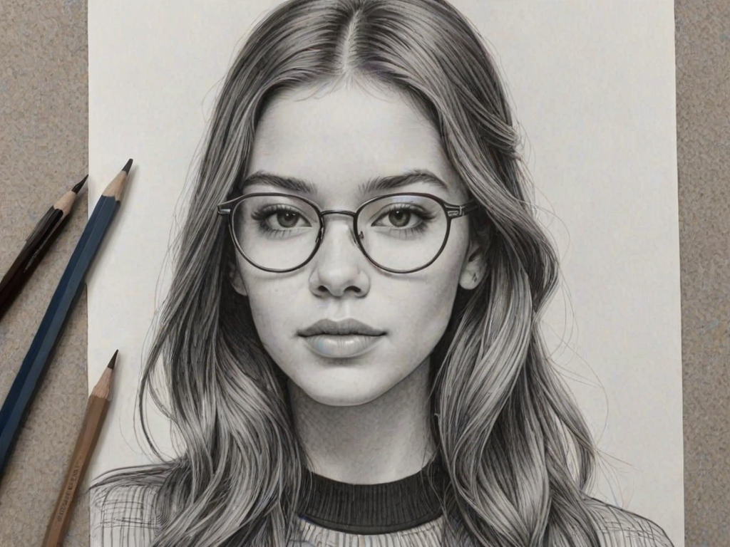 Gorgeous Haliee Steinfeld, pencil sketch, portrait of Sublime woman 1973s in glasses, hair style beatnik, outline, clear lines, fine lines, 8k