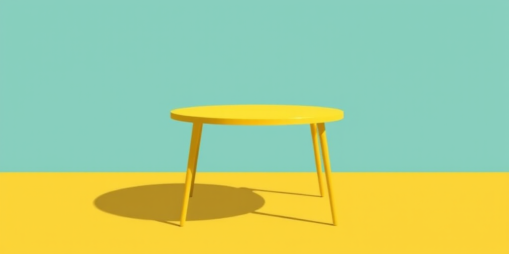 Create a minimalist illustration of a yellow table on a teal background, using a Canon EOS R5 camera, 50mm lens, f/1.8 aperture, 1/100s shutter speed, natural light for softness, and a slightly elevated perspective to enhance the table's details.