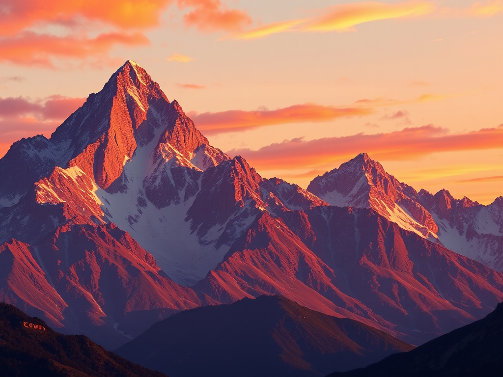Create a high-resolution illustration of a majestic mountain landscape during sunset with vibrant colors, using a DSLR camera at 24mm focal length, aperture set to f/8, ISO 100, shot from a low angle to emphasize the peaks.