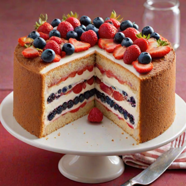 Create an image of a layered cake with a light sponge base, filled with fresh strawberries, blueberries, and raspberries. The cake should be frosted with a smooth white cream and topped with a variety of berries and mint leaves for decoration. Show a slice cut out, revealing the layers of fruit and cream inside.
