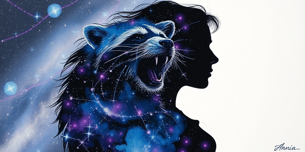 Captivating conceptual render alcohol ink art, double exposure, the paint strokes artfully merge combining a woman's full silhouette with a Curious raccoon's silhouette. The figures are composed of a series of colored dots, lines & spots that evoke the image of a cosmic galaxy, colors are deep shades of blue purple & black with flashes of white & silver representing distant stars. The woman's silhouette is formed within the lion's silhouette from constellations of scattered stars, surreal