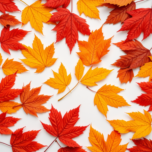 autumn leaves arranged aesthetically on a white background, taken with a Canon EOS R5, 50mm lens, f/2.8 aperture, ISO 100, top-down view, natural lighting, focus stacked for enhanced detail