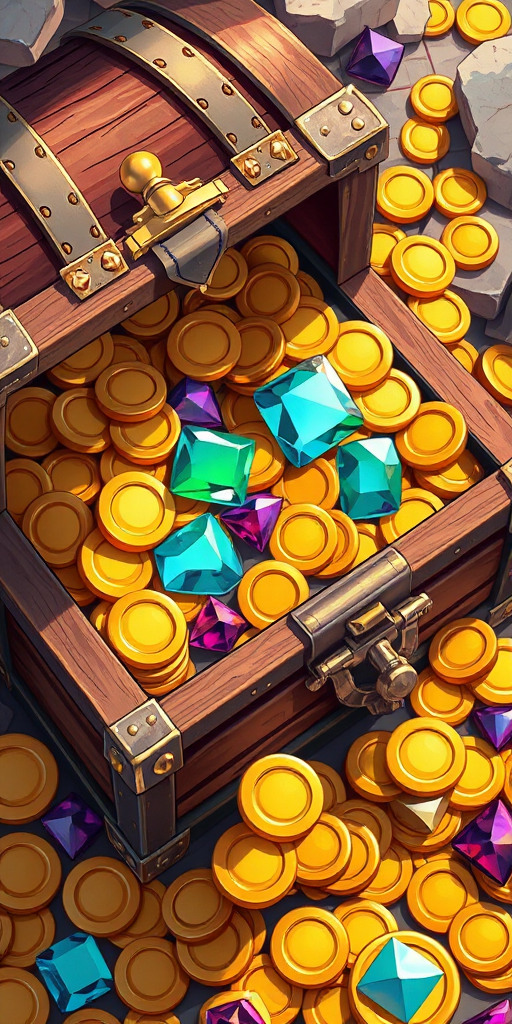 Create a detailed illustration of a treasure chest overflowing with gold coins and colorful gemstones, utilizing a high-resolution digital art style, captured with a camera setting of f/8 aperture, ISO 100, and a 50mm lens, using a top-down view to enhance details and depth.