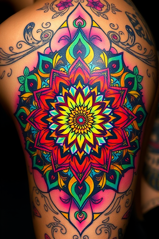 Psychedelic mandala tattoo with kaleidoscopic patterns and vibrant rainbow hues, incorporating sacred geometry and fractal designs for a mind-bending visual experience